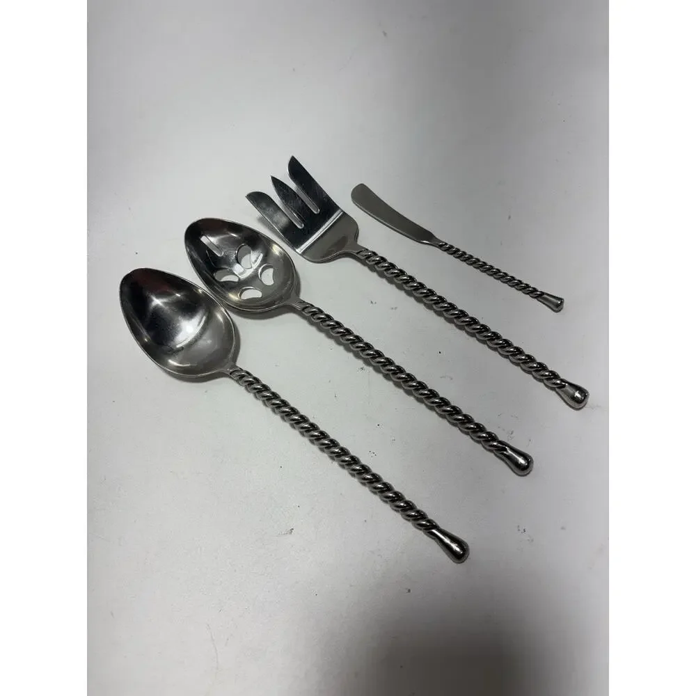 Twisted Handle 10” Stainless Steel Serving Set Spoon Fork Slotted Barware